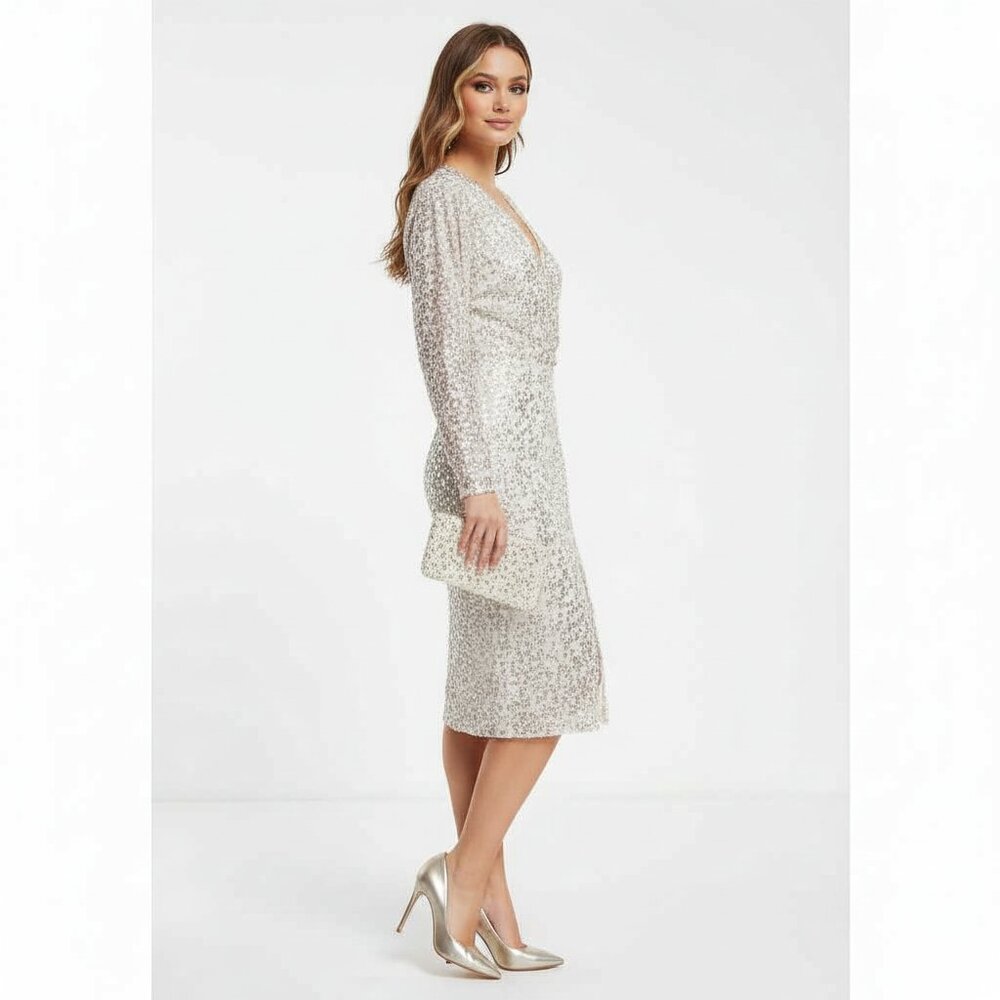 Nwt ASOS DESIGN Gold Scatter Sequin Batwing Sleeve Wrap Midi Dress Size 10 - Picture 5 of 14